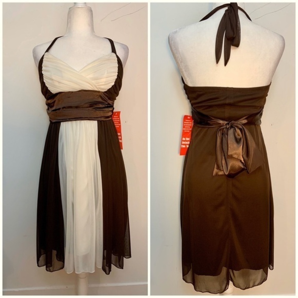 NWT Split Decision Brown Cream Halter Formal Homecoming Dress